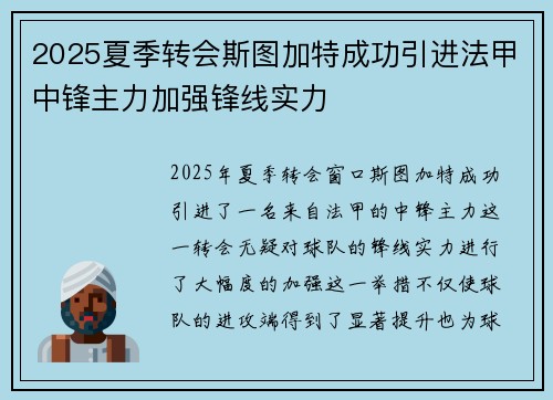 2025夏季转会斯图加特成功引进法甲中锋主力加强锋线实力